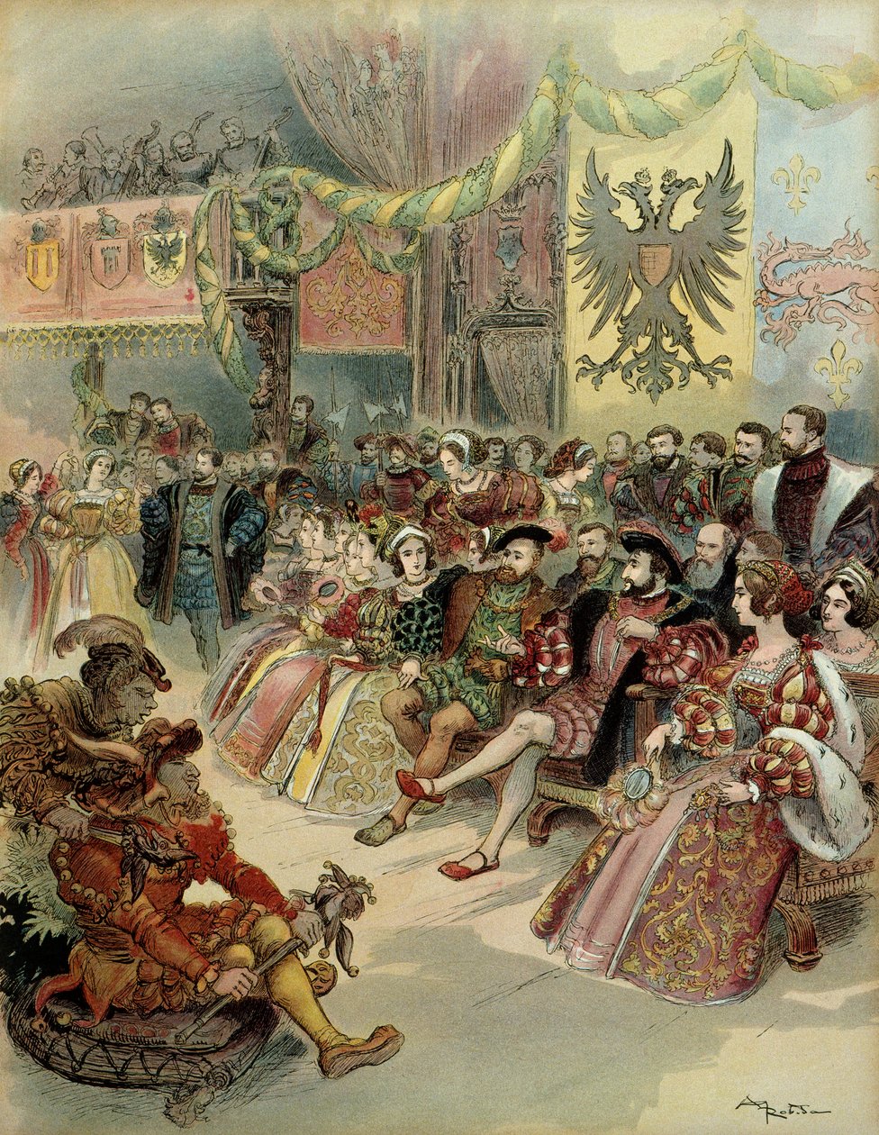 Ball am Hof des Königs von Frankreich, Franz I. (1494-1547), in Anwesenheit von Karl V. (1500-1558), König von Spanien und Kaiser des Heiligen Römischen Reiches Deutscher Nation, im Schloss von Fontainebleau, im Jahr 1539. Illustration von Albert Robida