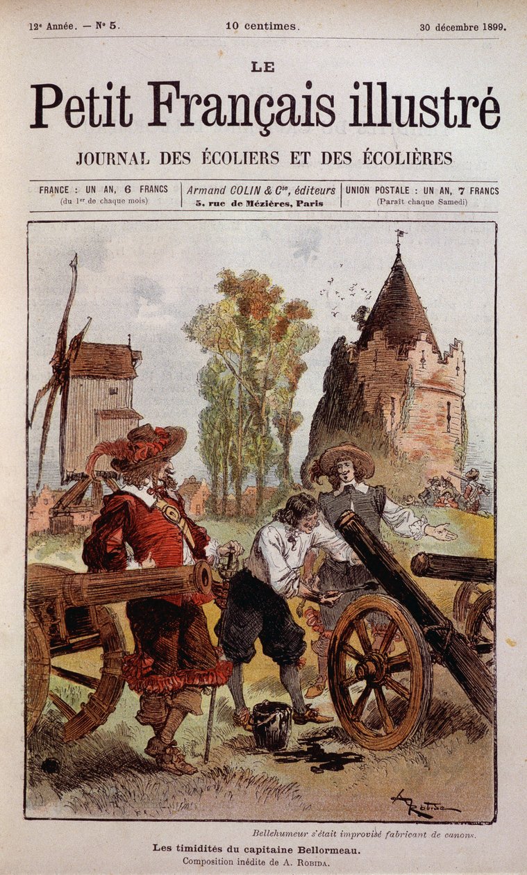 Bellehumeur hatte improvisierten Kanonenhersteller - Die Schüchternheit von Kapitän Bellormeau von Robida. Titelblatt „Le Petit Français Illustré“ vom 30.12.1899. von Albert Robida