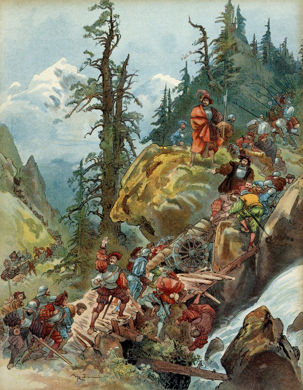 Fünfter Italienischer Krieg (1515-1516): der Übergang über die Alpen im August 1515 durch den Larche-Pass der Armee von Franz I. auf dem Weg nach Italien (Illustration) von Albert Robida