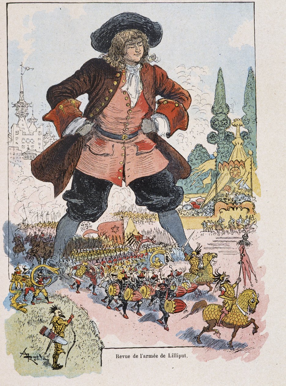 Gulliver bei der Lilliput-Armeeparade - in „Gullivers Reisen“ von Swift, ill. von Robida von Albert Robida