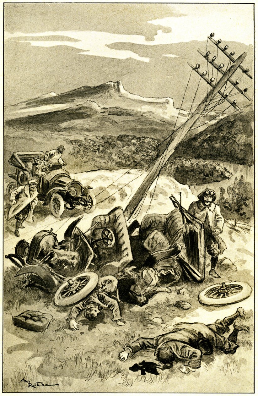 Illustration von Albert Robida (1848-1926) für Leon Berthaults Buch „Le record du tour du monde“, Mame-Ausgabe Anfang des 20. Jahrhunderts (1911) - ein Verkehrsunfall um 1900: Auto hat einen Telegrafenmast getroffen. Passagiere werden herausgeschleudert un von Albert Robida
