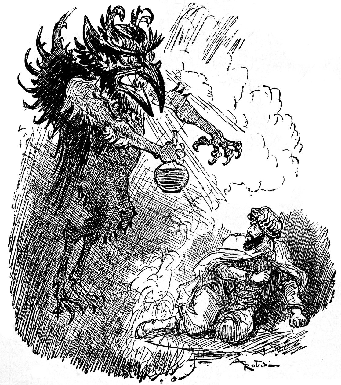Illustration von Albert Robida (1848-1926) einer arabischen Legende (1001 Nacht) (Geschichten aus Tausendundeiner Nacht): ein schrecklicher Dämon (böser Geist) präsentiert einem Mann eine Flasche Wein. Gravur aus dem Buch „Choix de lectures“ Armand Colin 1 von Albert Robida