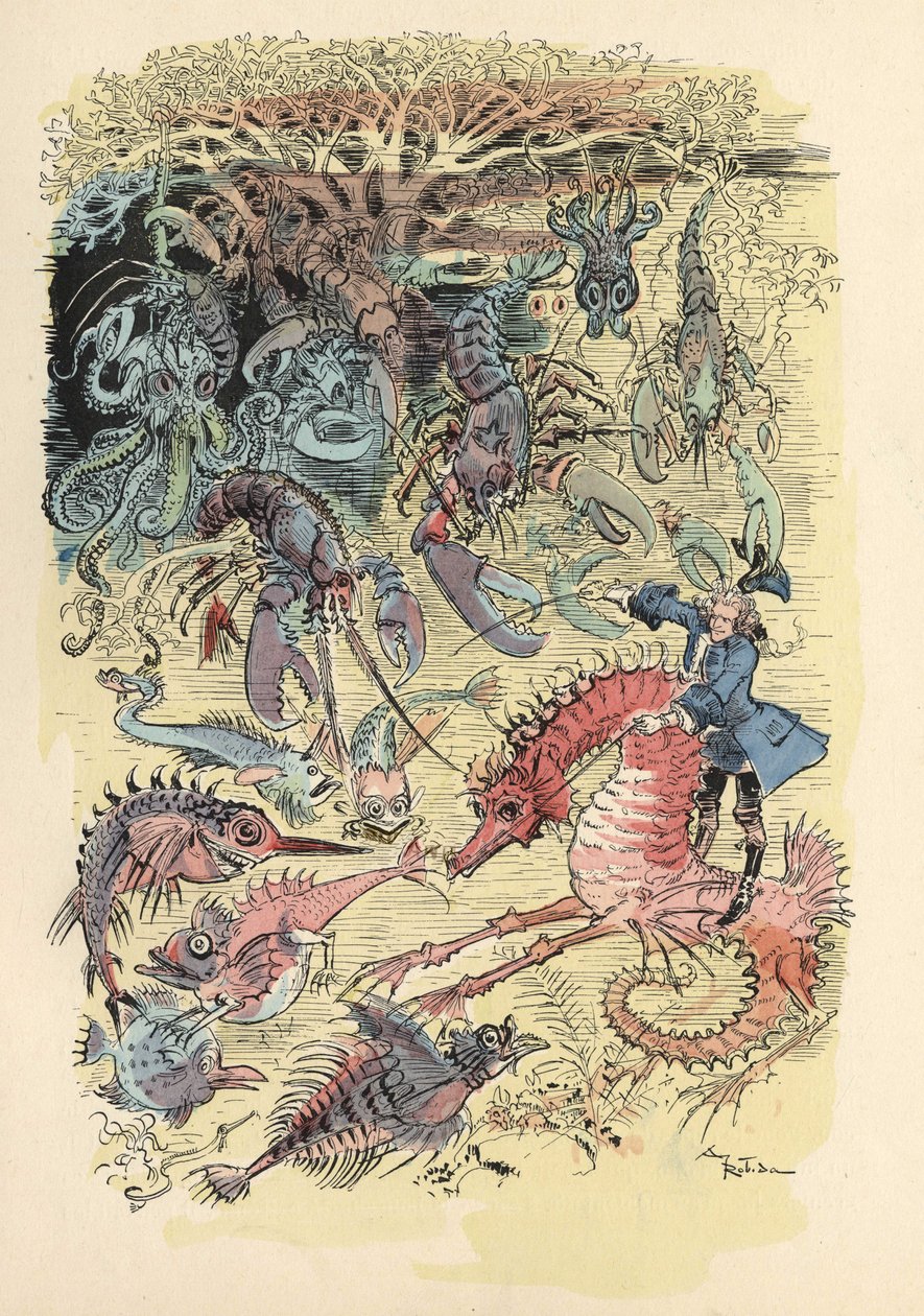 Illustration von Albert Robida in „Geschichte und Abenteuer des Baron von Münchhausen“, H. Laurens Ed., Ende des 19. Jahrhunderts. von Albert Robida