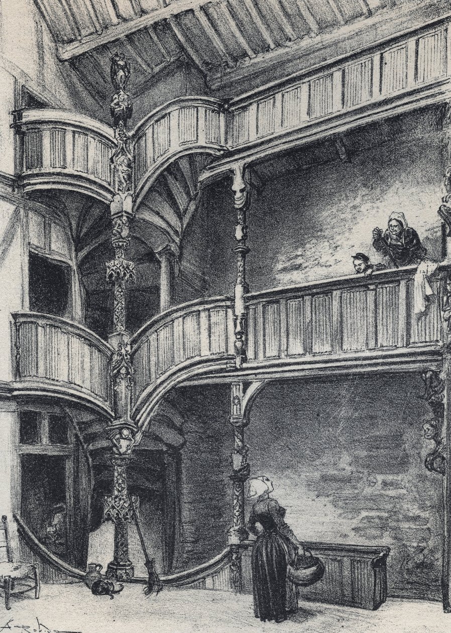 Innenansicht eines Hauses in Morlaix - Altes Frankreich - Bretagne - Text, Zeichnungen und Lithographien von Albert Robida (1848-1926) undatiert Ende 19. Jahrhundert von Albert Robida