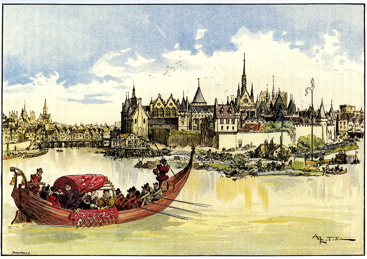König Heinrich III. legt den Grundstein der Pont Neuf über die Seine in Paris, 31. Mai von Albert Robida