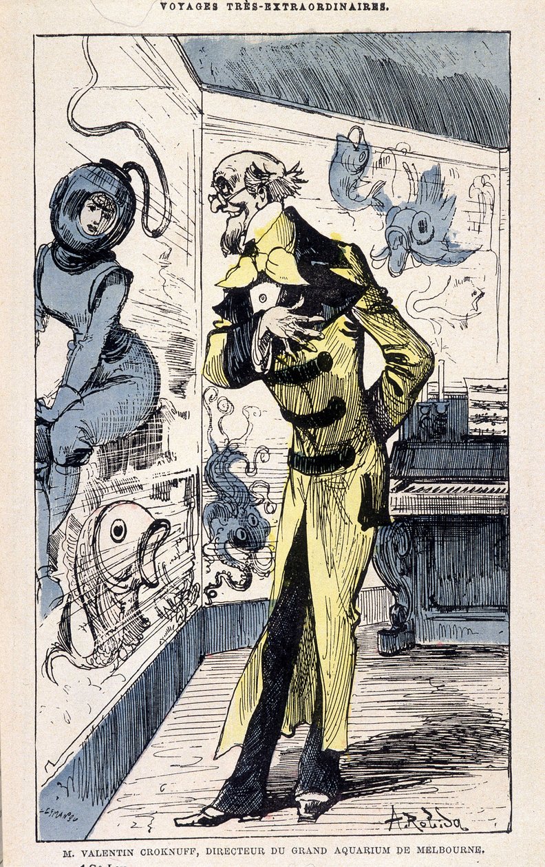 Herr Valentin Croknuff, Direktor des großen Aquariums von Melbourne, Parodie von Jules Verne, „Sehr außergewöhnliche Reisen von Saturnin Farandoul in 5 oder 6 Teile der Welt und in alle bekannten oder unbekannten Länder von Herrn Jules Verne“ von Robida, P von Albert Robida