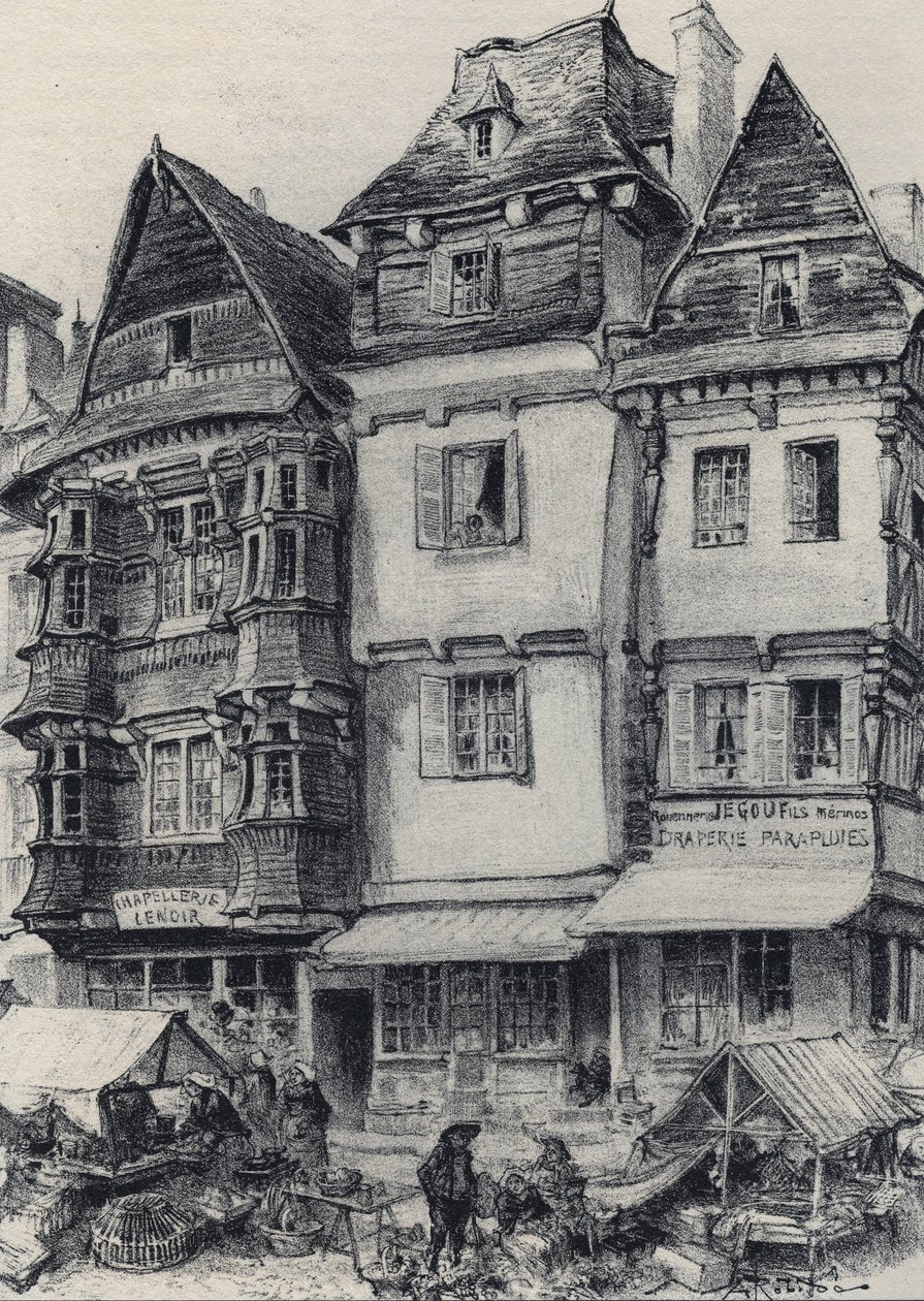 Marktplatz in Lannion - Altes Frankreich - Bretagne - Text, Zeichnungen und Lithographien von Albert Robida (1848-1926) undatiert Ende 19. Jahrhundert von Albert Robida