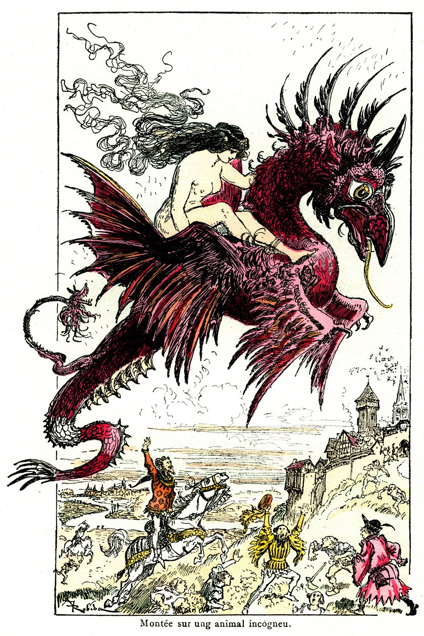 Succubus: weiblicher Dämon (Frau - weiblich) reitet auf einem Drachen - Illustration von Albert Robida für die Drolatischen Geschichten von Honoré de Balzac - Anfang des 20. Jahrhunderts von Albert Robida