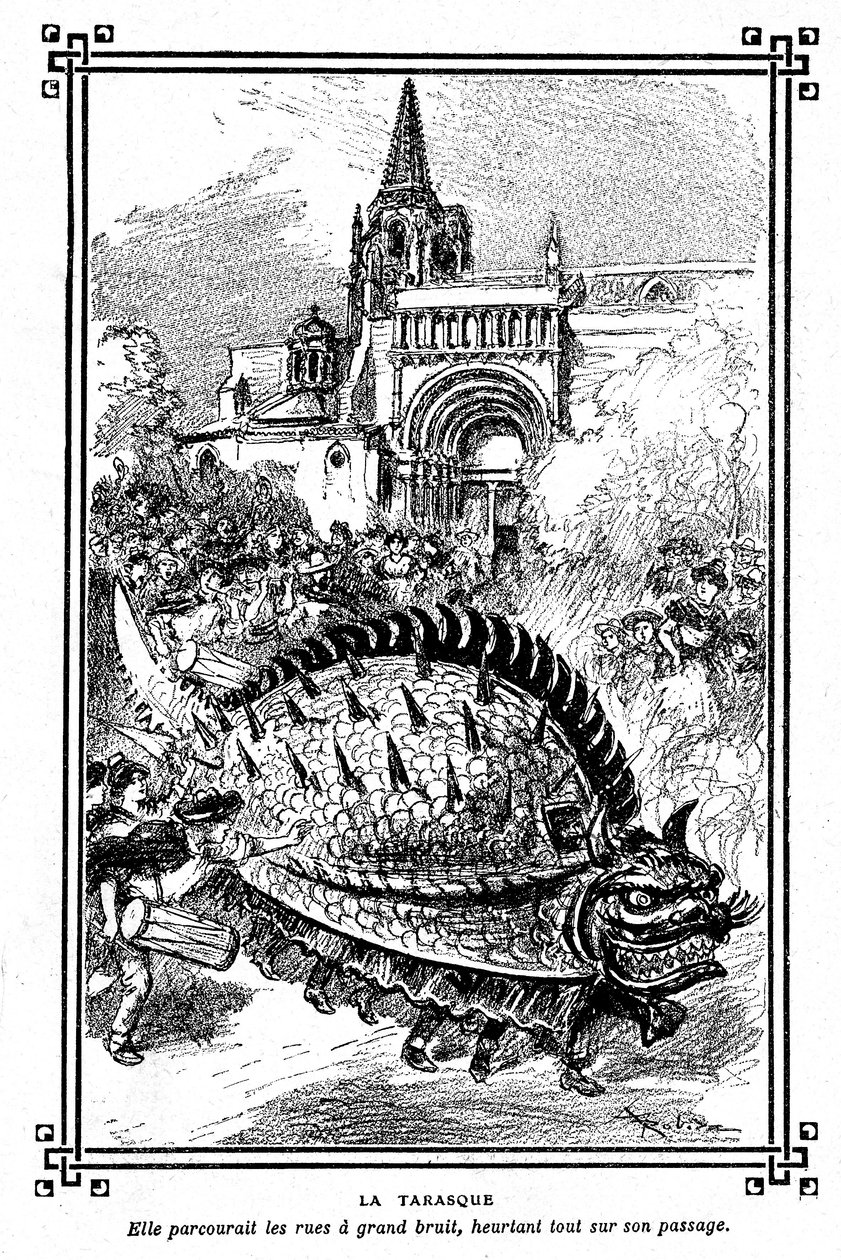 Tarasque von Tarascon, fabelhaftes Monster der Folklore der Provence: Illustration von Albert Robida aus dem Schulbuch „Choice of readings“ von A. Mironneau, Librairie Armand Colin 1911 von Albert Robida
