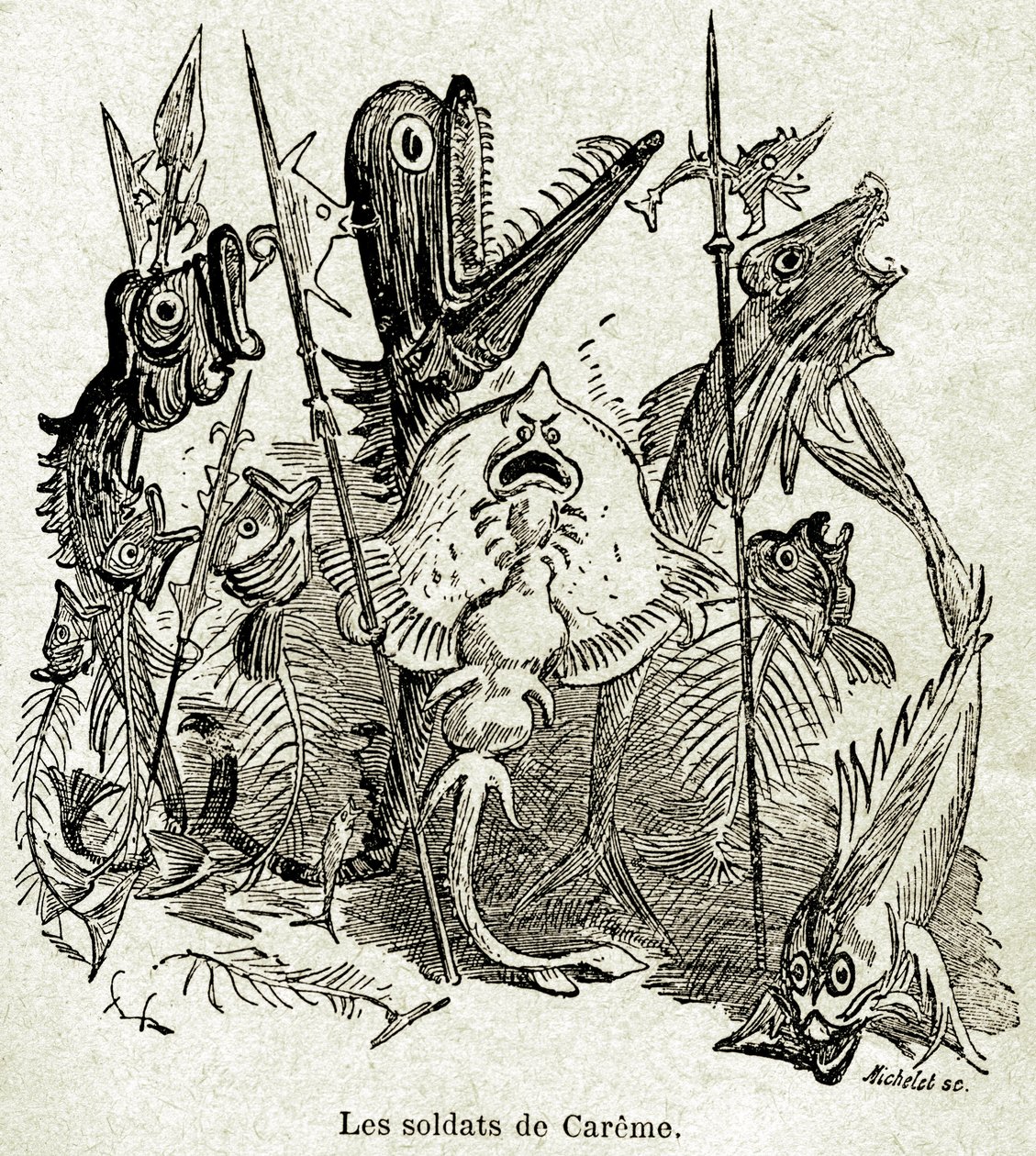 Die Armee von Quaresmeprenant. Soldaten sind als Fische dargestellt, von denen einige nur die Gräten haben, in Anspielung auf Caremes mageres (junges) Mahl. Illustration von Albert Robida (1848-1926) für eine Episode des Vierten Buches von Francois Rabelai von Albert Robida