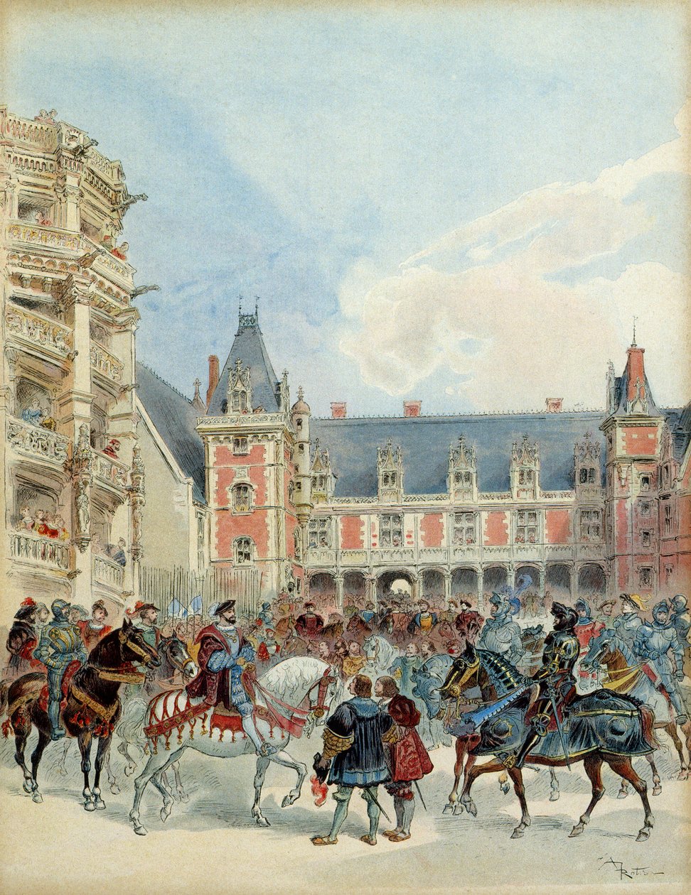 Der Hof von Franz I. (1494-1547) im königlichen Schloss von Blois, vor 1524. Illustration von Albert Robida
