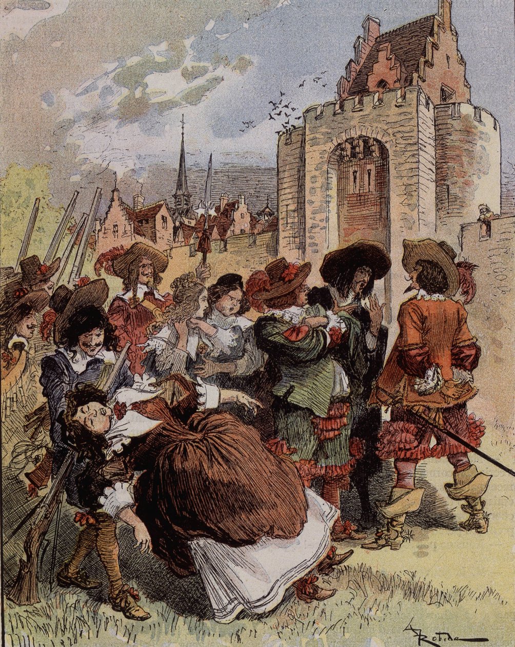Die Schüchternheit von Hauptmann Bellormeau - „Madame de Malicorne fiel in die Arme eines Sergeanten“. Charakter aus Albert Robidas Buch. Titelblatt „Der kleine Franzose illustriert“ vom 20/01/1900. von Albert Robida