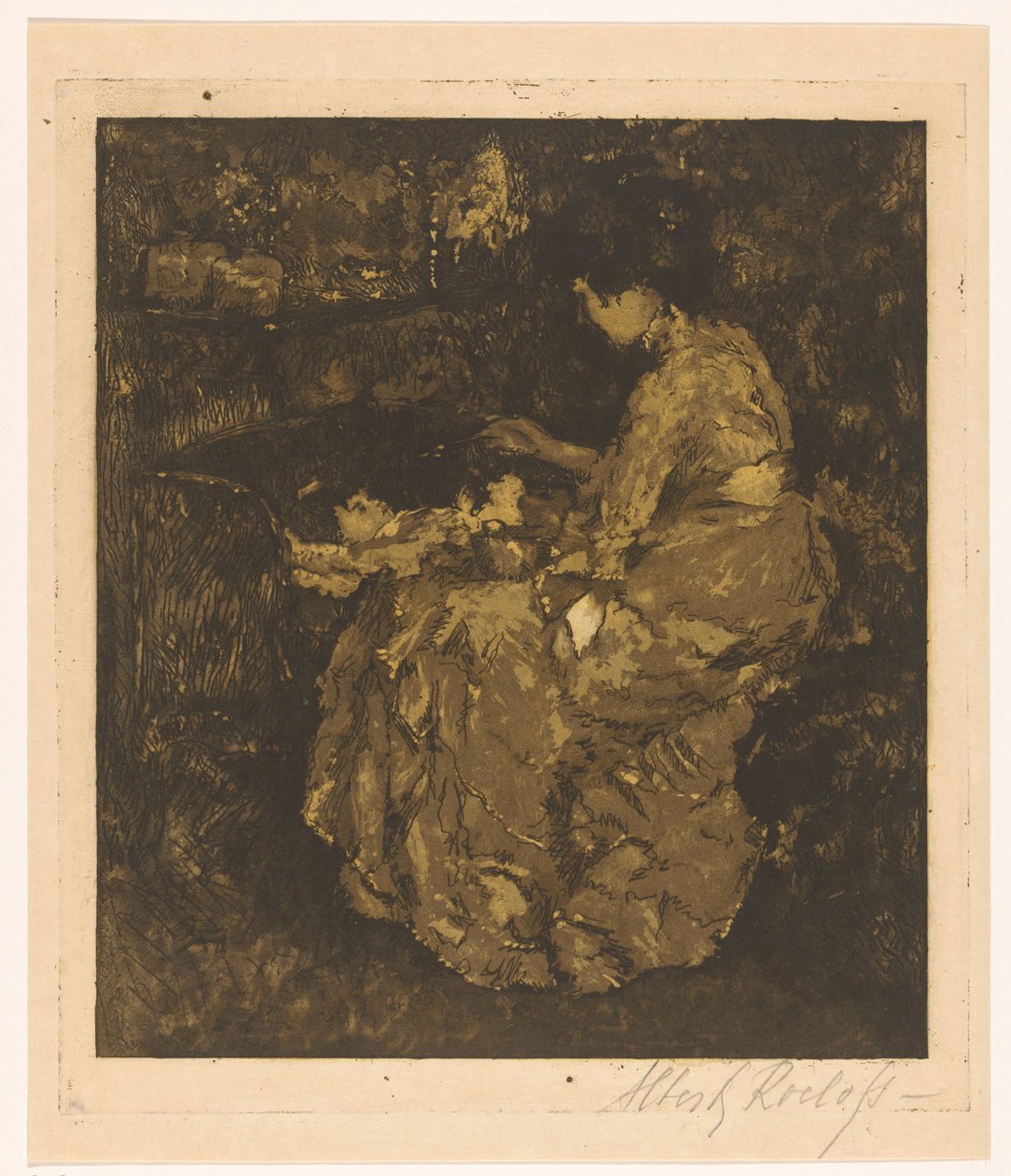 Frau, die ein Kind in einer Wiege füttert von Albert Roelofs (signed by artist)
