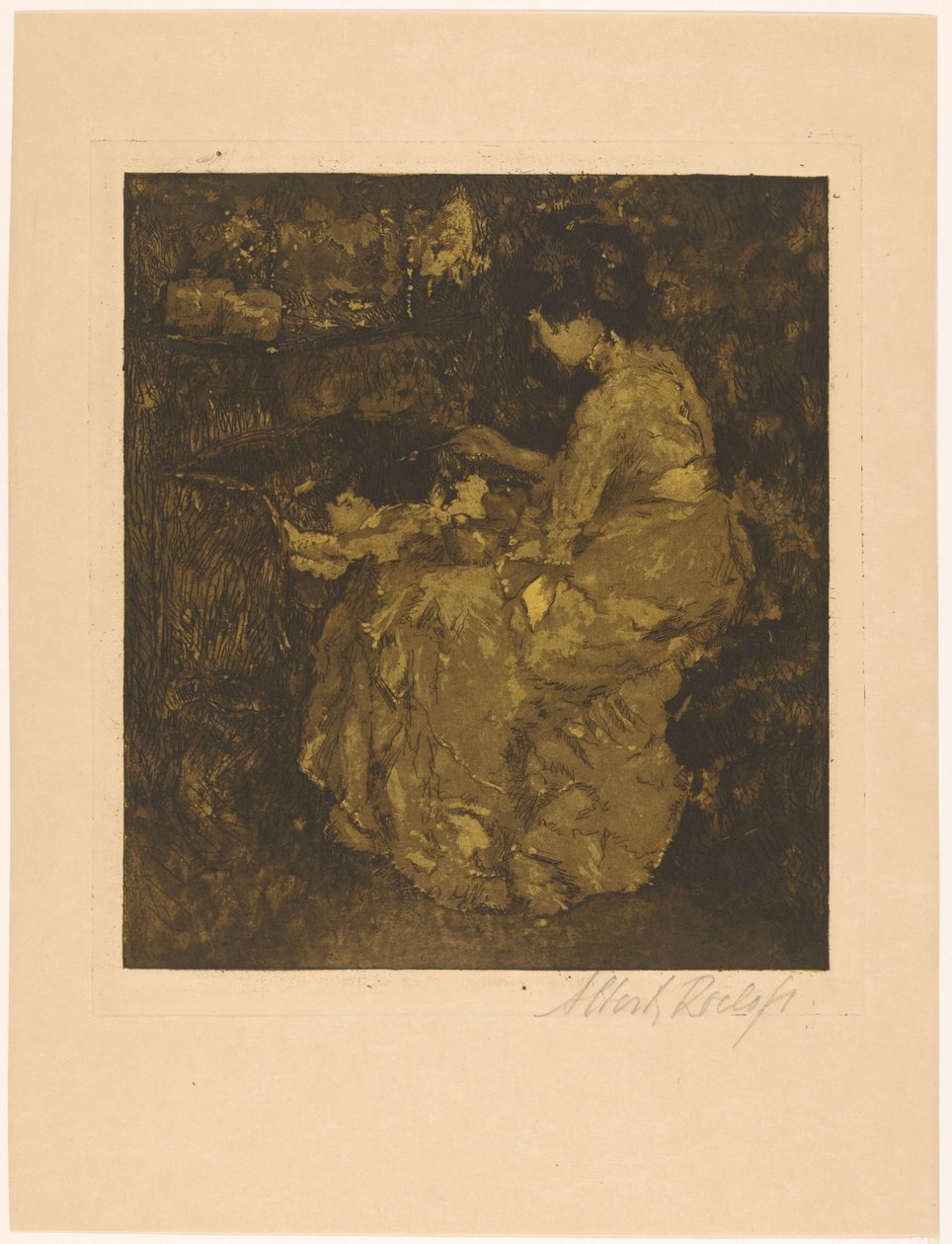 Frau, die ein Kind in einer Wiege füttert von Albert Roelofs (signed by artist)