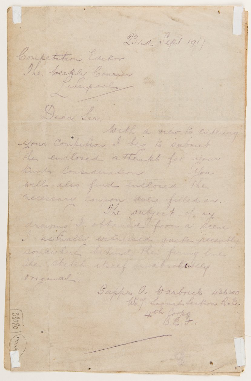 Brief an den Wettbewerbsredakteur, 23. September 1917 von Albert Warbrick