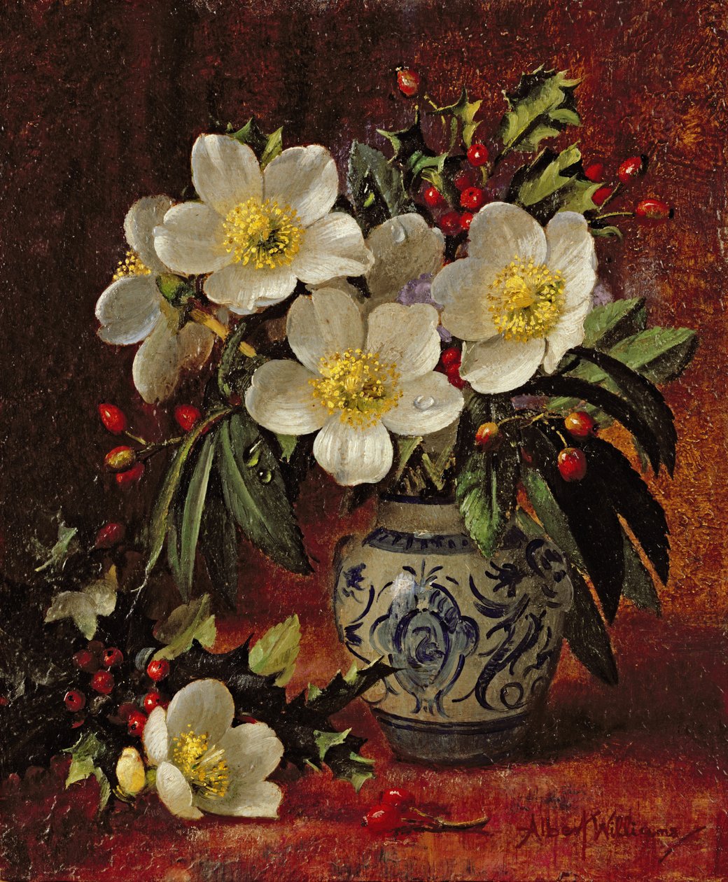 Stillleben mit Weihnachtsrosen und Stechpalmen von Albert Williams