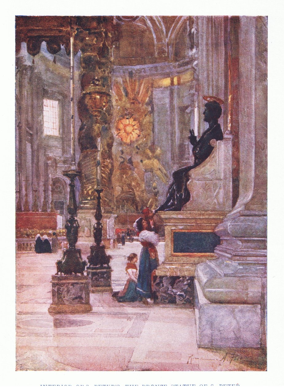 Innenansicht von St. Peter, die Bronzestatue von Petrus, aus Rom veröffentlicht von A & C Black Ltd, 1925 von Alberto Pisa