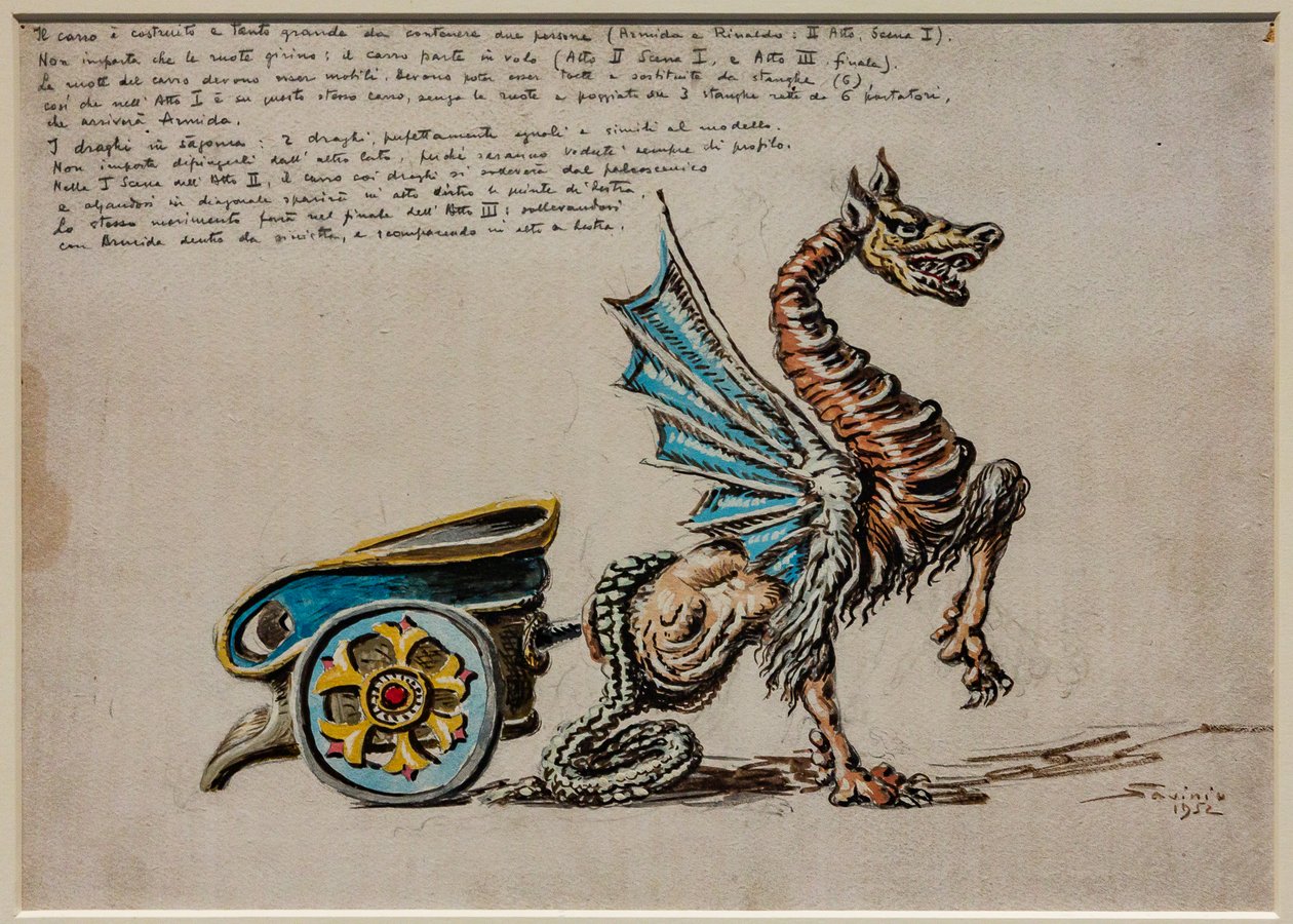 Akt II, erste Szene und dritter Akt, Bühnenausstattung: Der Wagen von Armida für Armida von G. Rossini von Alberto  Savinio
