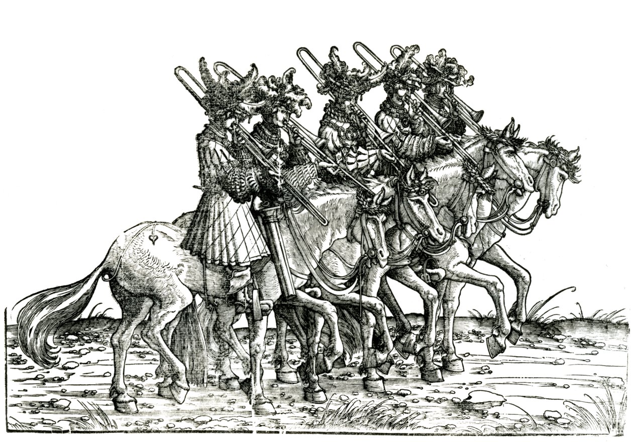 Fünf Musiker mit Posaunen, aus dem Triumphzug des Kaisers Maximilian I., ca. 1517 von Albrecht Altdorfer