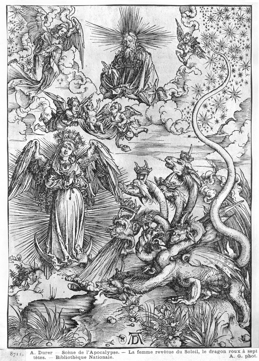 Szene aus der Apokalypse, Die Frau mit der Sonne bekleidet und der siebenköpfige Drache, lateinische Ausgabe, 1511 von Albrecht Dürer