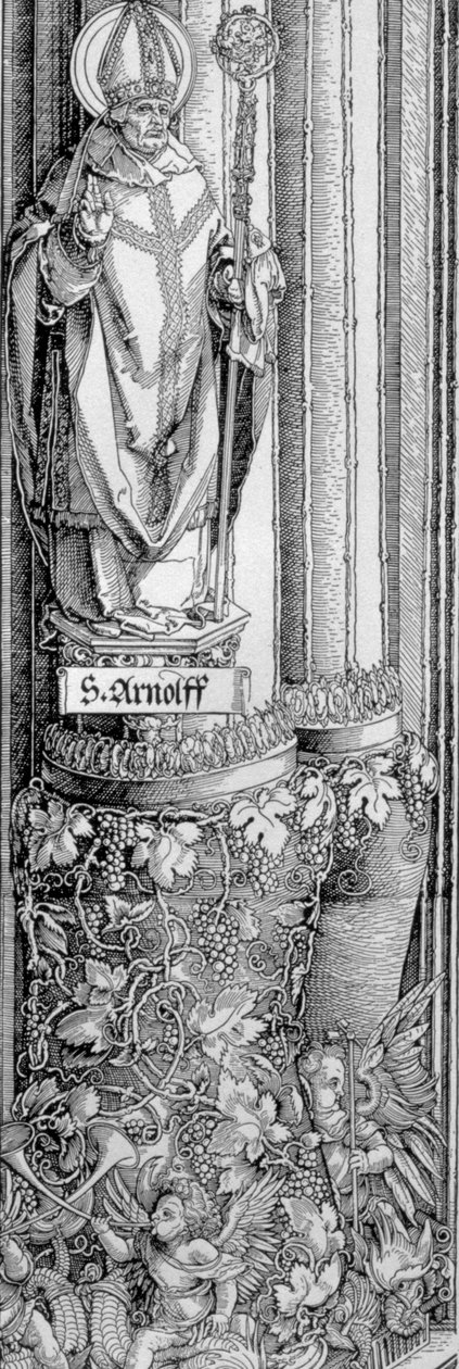 Der Triumphbogen von Kaiser Maximilian I. von Deutschland (1459-1519): Detail der Säule vom linken Tor mit der Statue von St. Arnulf (gest. 643) mit einer Weinrebe darunter und Engeln, die Trompeten blasen von Albrecht Dürer