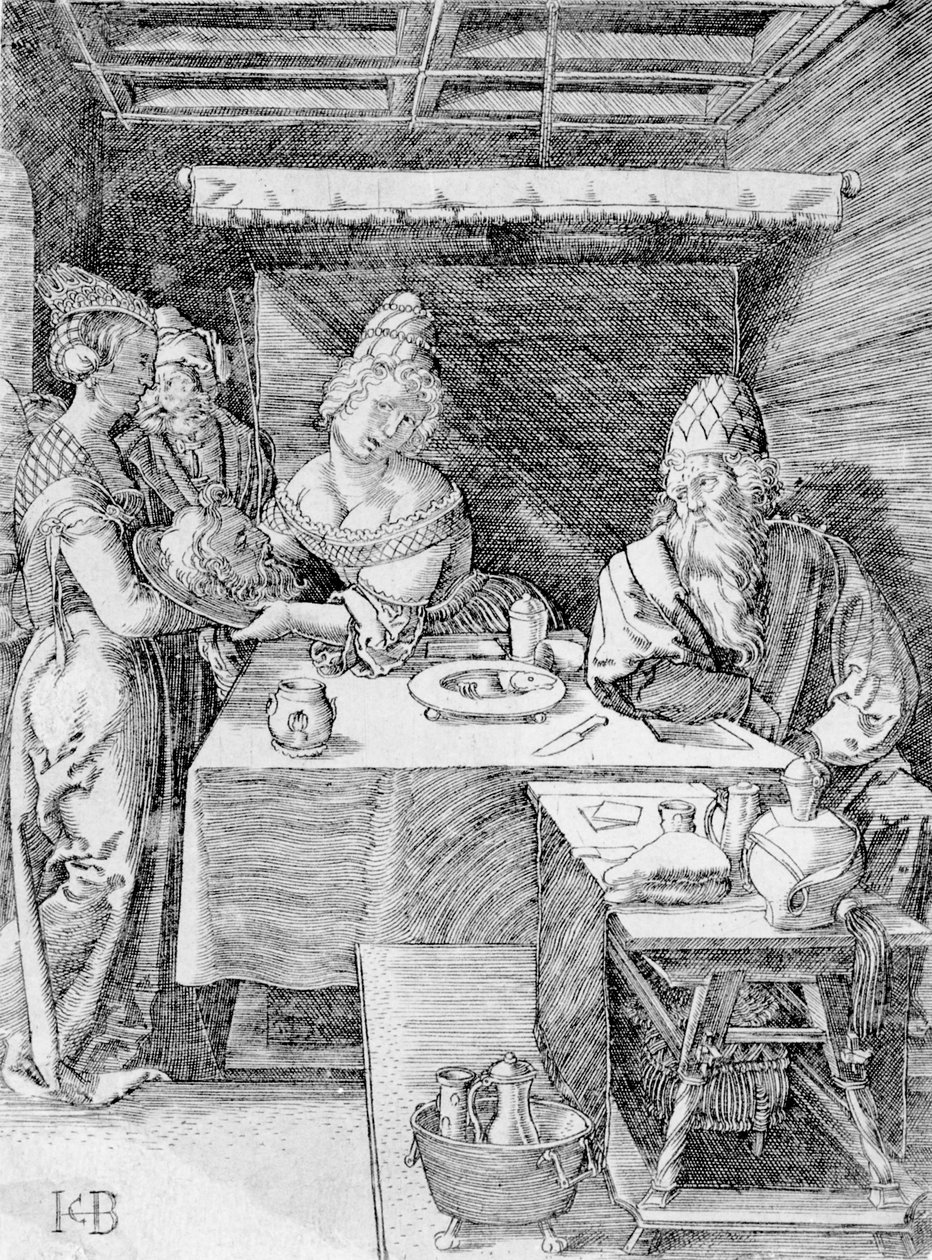 Salome präsentiert Herodias den Kopf des Täufers, graviert von Jacob Binck (Gravur) von Albrecht (after) Durer or Duerer
