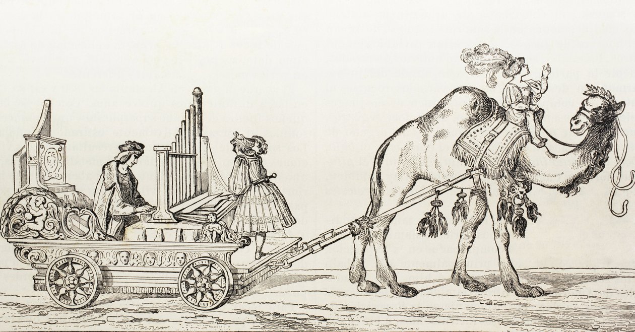 Der Organist Paul Hoffaner spielt in einer von einem Kamel gezogenen Kutsche, ca. 1880 (Gravur) von Albrecht (after) Durer or Duerer