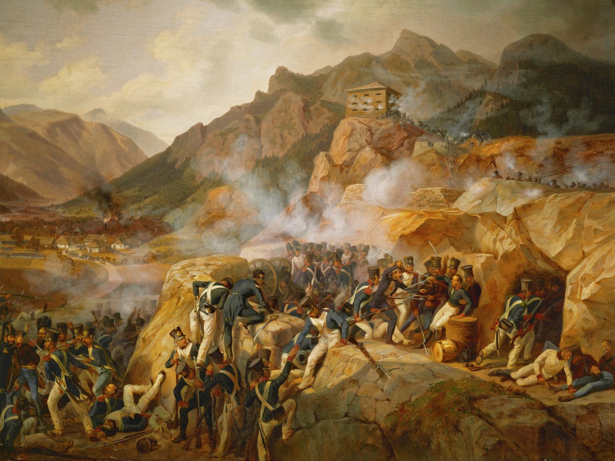 Napoleons Truppen greifen das österreichische Blockhaus von Malborget, Südtirol an von Albrecht Adam