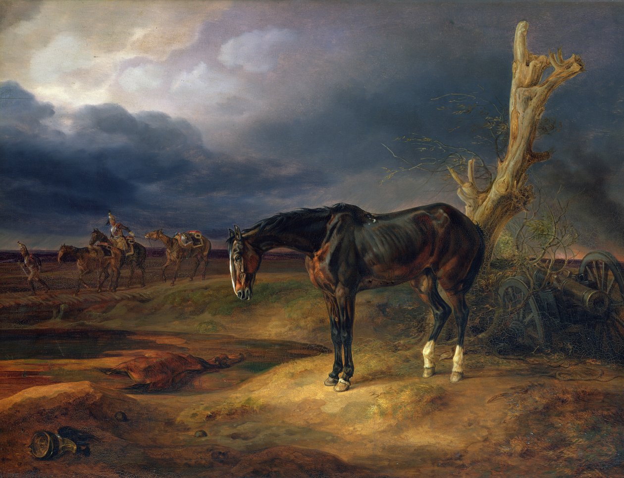 Herrenloses Pferd auf dem Schlachtfeld bei Moshaisk im Jahr 1812, 1834 von Albrecht Adam