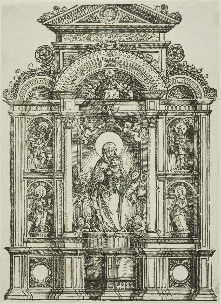 Altarbild mit der Schönen Madonna von Regensburg und den Heiligen Christophorus, Maria Magdalena, Florian und Katharina in Nischen, mit Gottvater darüber von Albrecht Altdorfer