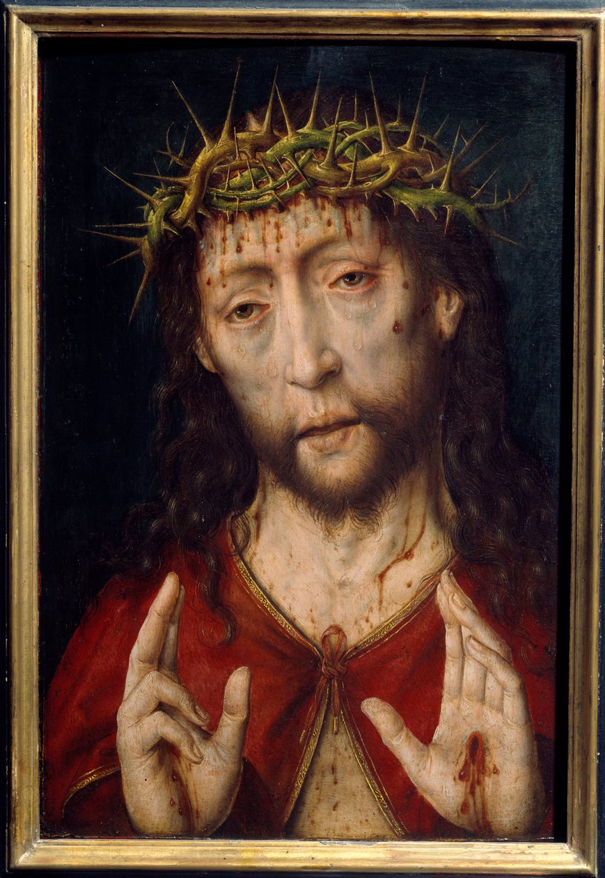 Christus der Schmerzen. Gesicht Christi mit blutigen Wunden durch die Dornenkrone und Stigmata in den Handflächen. Gemälde von Albrecht Bouts (ca. 1455-1549) von Albrecht Bouts
