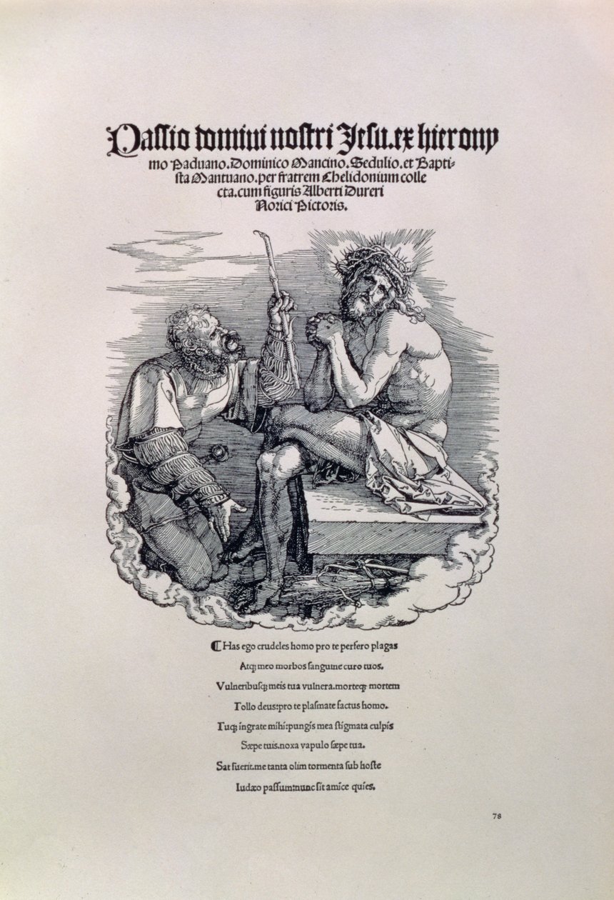 Ein römischer Soldat verspottet Christus, mit dem Namen des Künstlers in lateinischer Sprache oben und unten ein Gedicht, das den Menschen für seine Sünden tadelt, Titelblatt zur Serie Die Große Passion, veröffentlicht 1511 von Albrecht Dürer