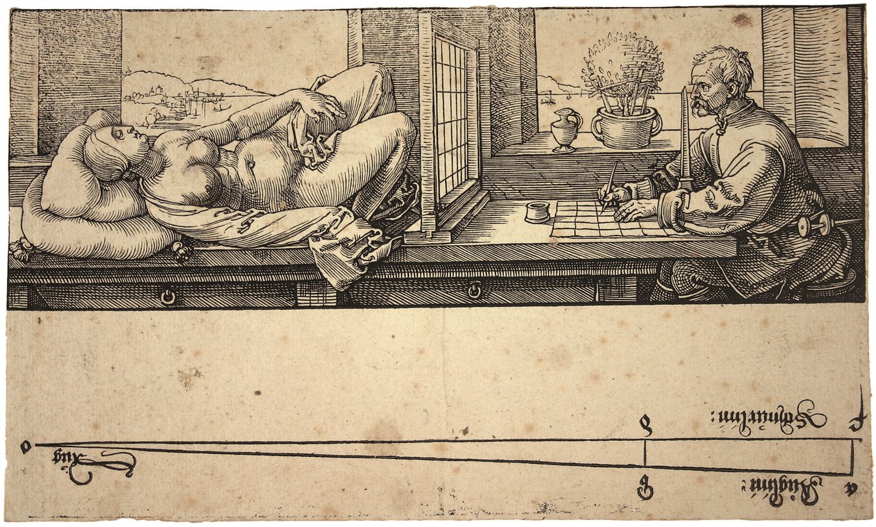 Künstler zeichnet einen Akt mit Perspektivgerät von Albrecht Dürer