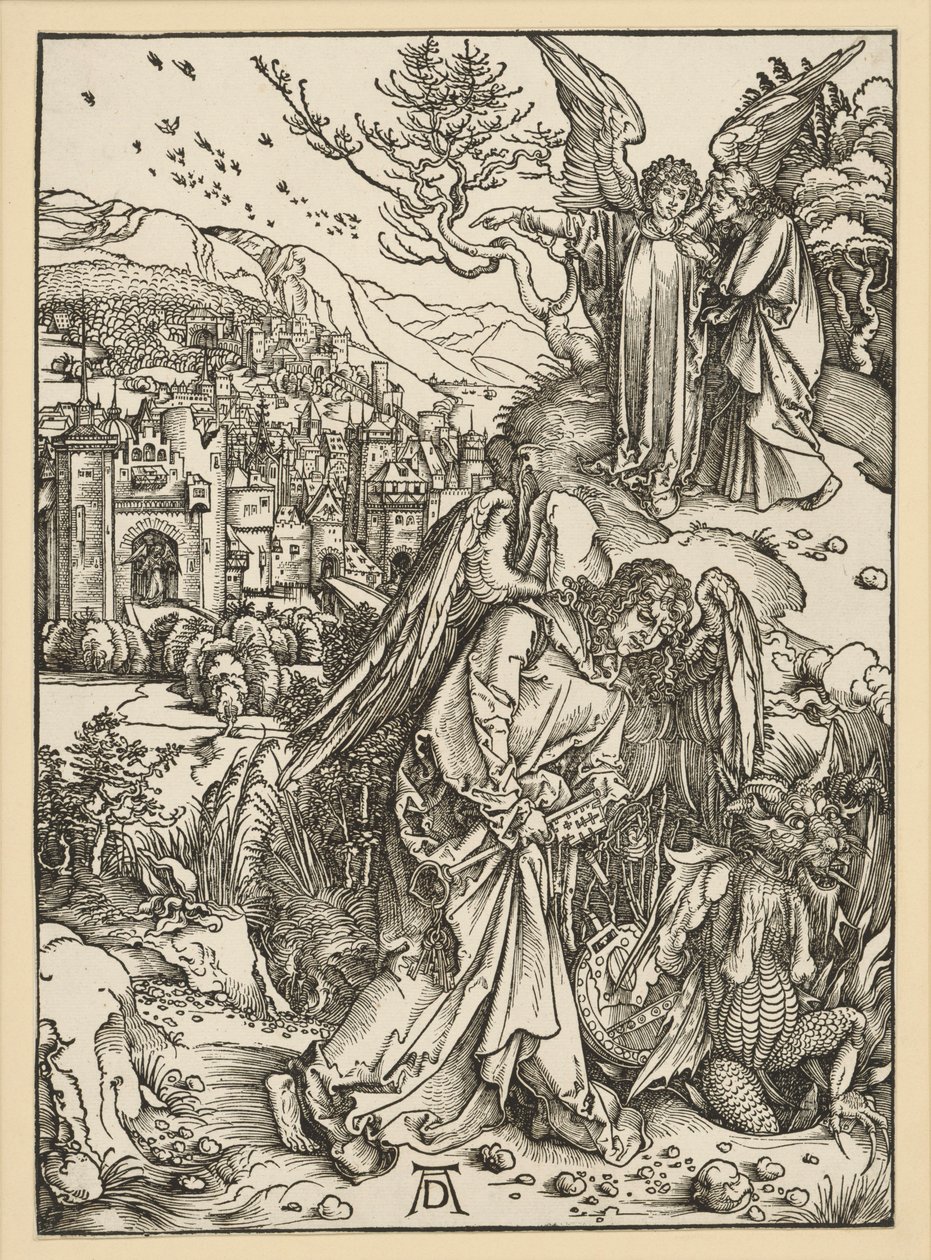 Der Engel wirft den Drachen in den Abgrund und verschließt ihn (Apokalypse) von Albrecht Dürer