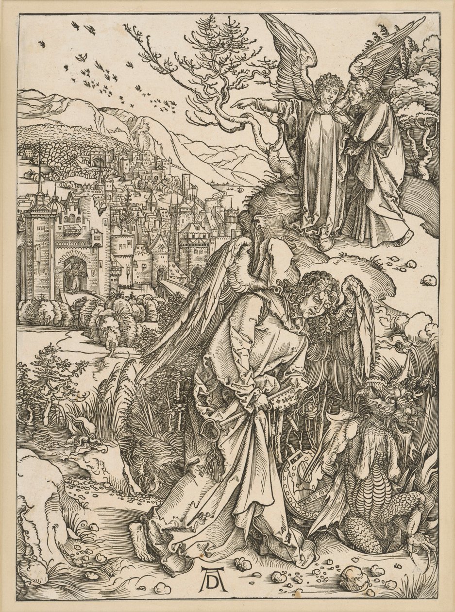 Der Engel wirft den Drachen in den Abgrund und verschließt ihn (Apokalypse) von Albrecht Dürer