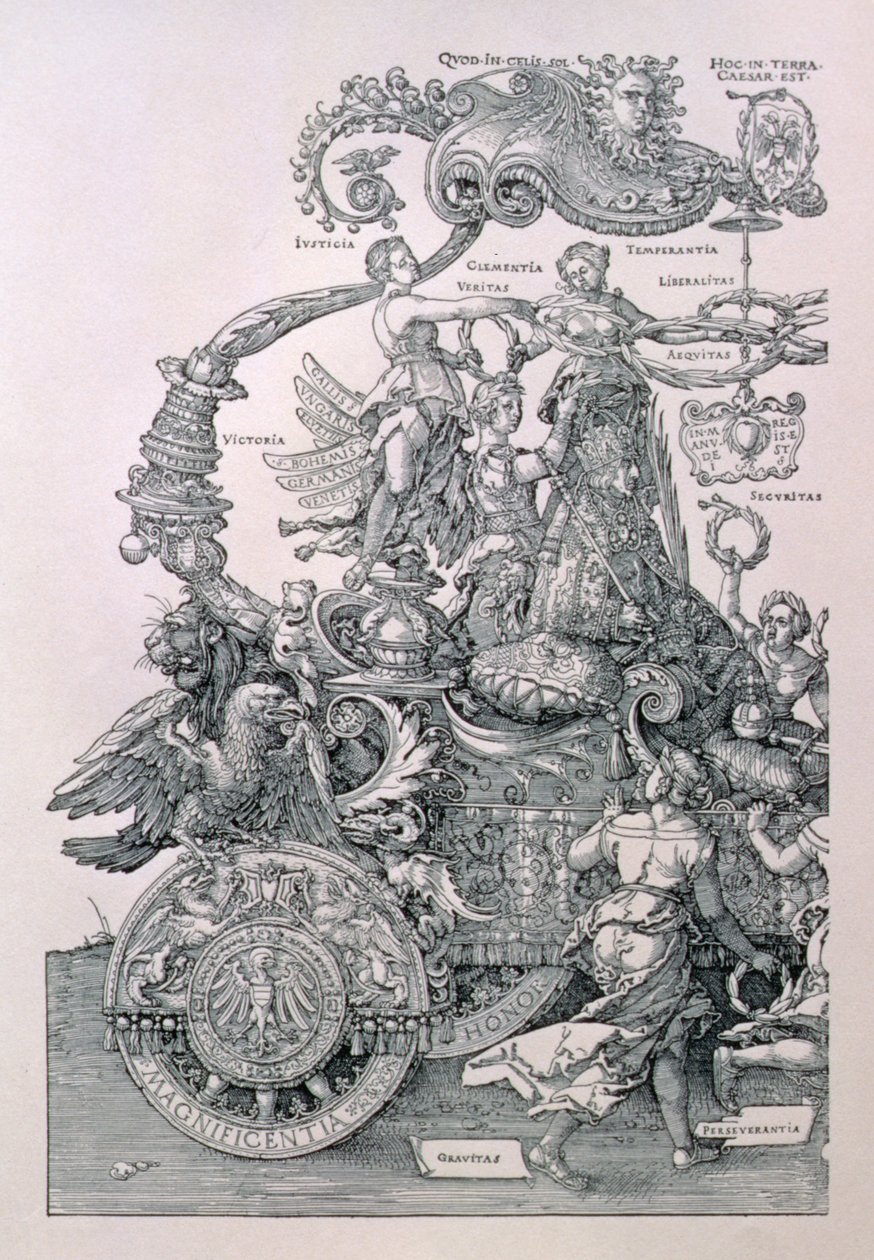Entwurf für den Großen Triumphwagen von Kaiser Maximilian I.: Detail, das die Tugenden zeigt, die dem Kaiser einen Kranz auf den Kopf setzen, geplant von Willibald Pirckheimer, veröffentlicht ca. 1518 von Albrecht Dürer