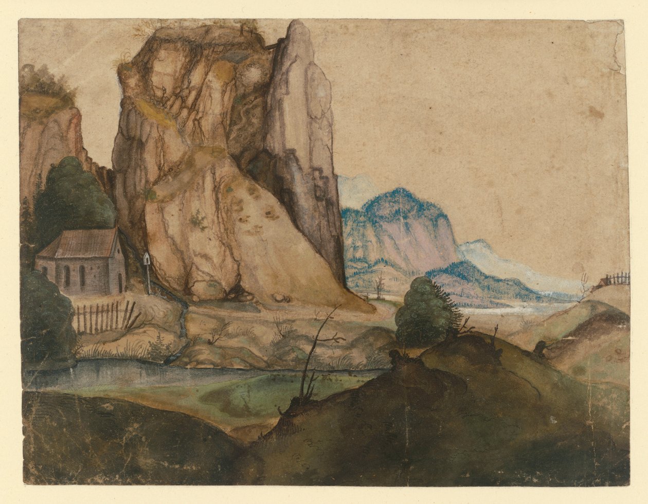 Hügelige Landschaft mit einer Kapelle unter hohen Felsen von Albrecht Dürer