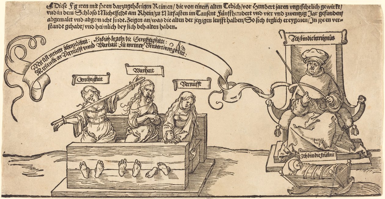 Gerechtigkeit, Wahrheit und Vernunft im Stock mit dem sitzenden Richter und schlafender Frömmigkeit von Albrecht Dürer
