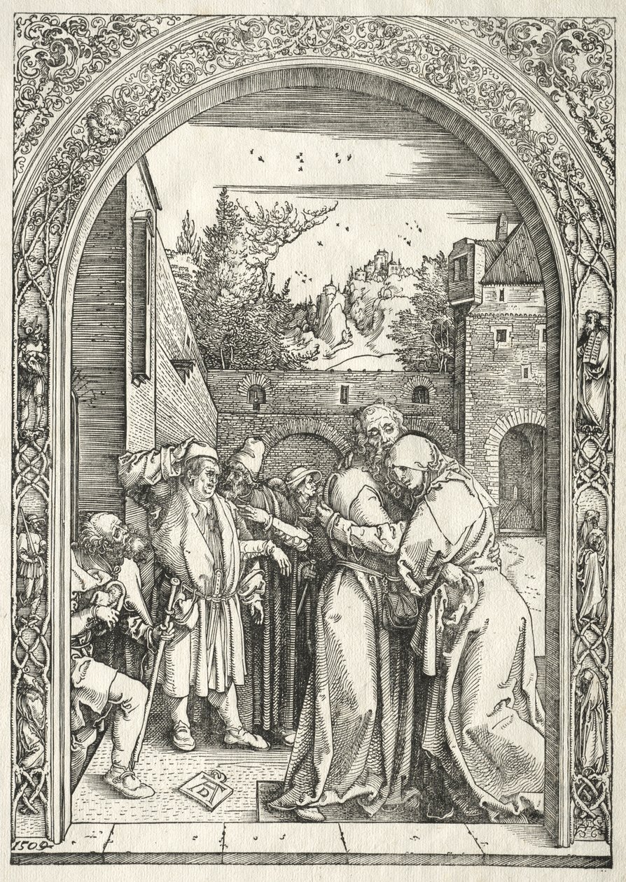 Leben der Jungfrau: Joachim und Anna umarmen sich unter dem Goldenen Tor von Albrecht Dürer