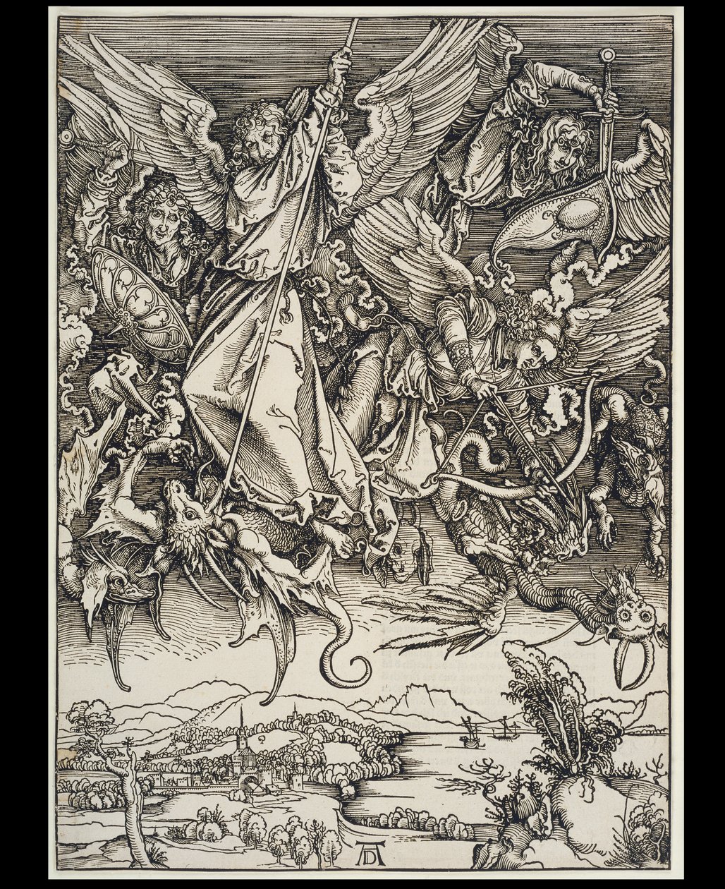 Michaels Kampf mit dem Drachen, aus der Folge der Apokalypse, Urausgabe Deutsch 1498 von Albrecht Dürer
