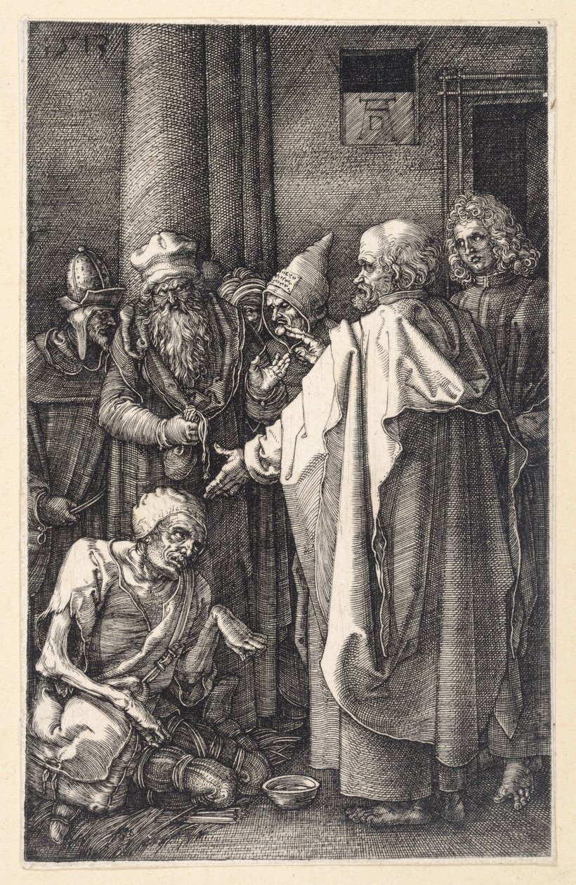 Petrus und Johannes heilen einen lahmen Bettler im Tempel (Kupferstich-Passion) von Albrecht Dürer