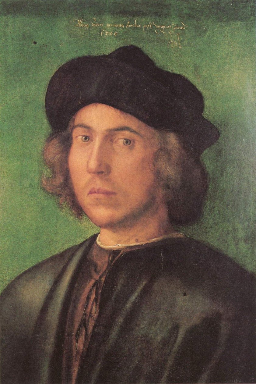 Porträt eines jungen Mannes vor grünem Hintergrund von Albrecht Dürer
