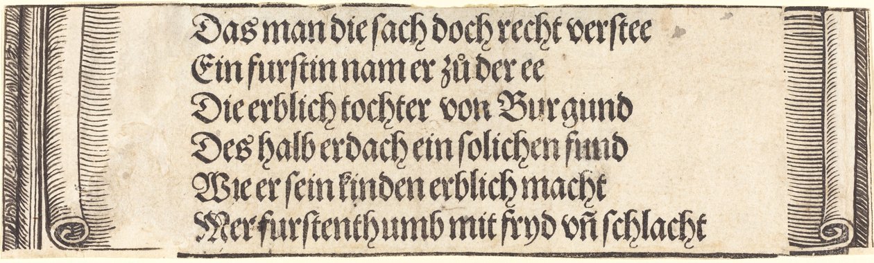 Gedruckter Text für Die Verlobung von Maximilian mit Maria von Burgund, 1515 von Albrecht Dürer