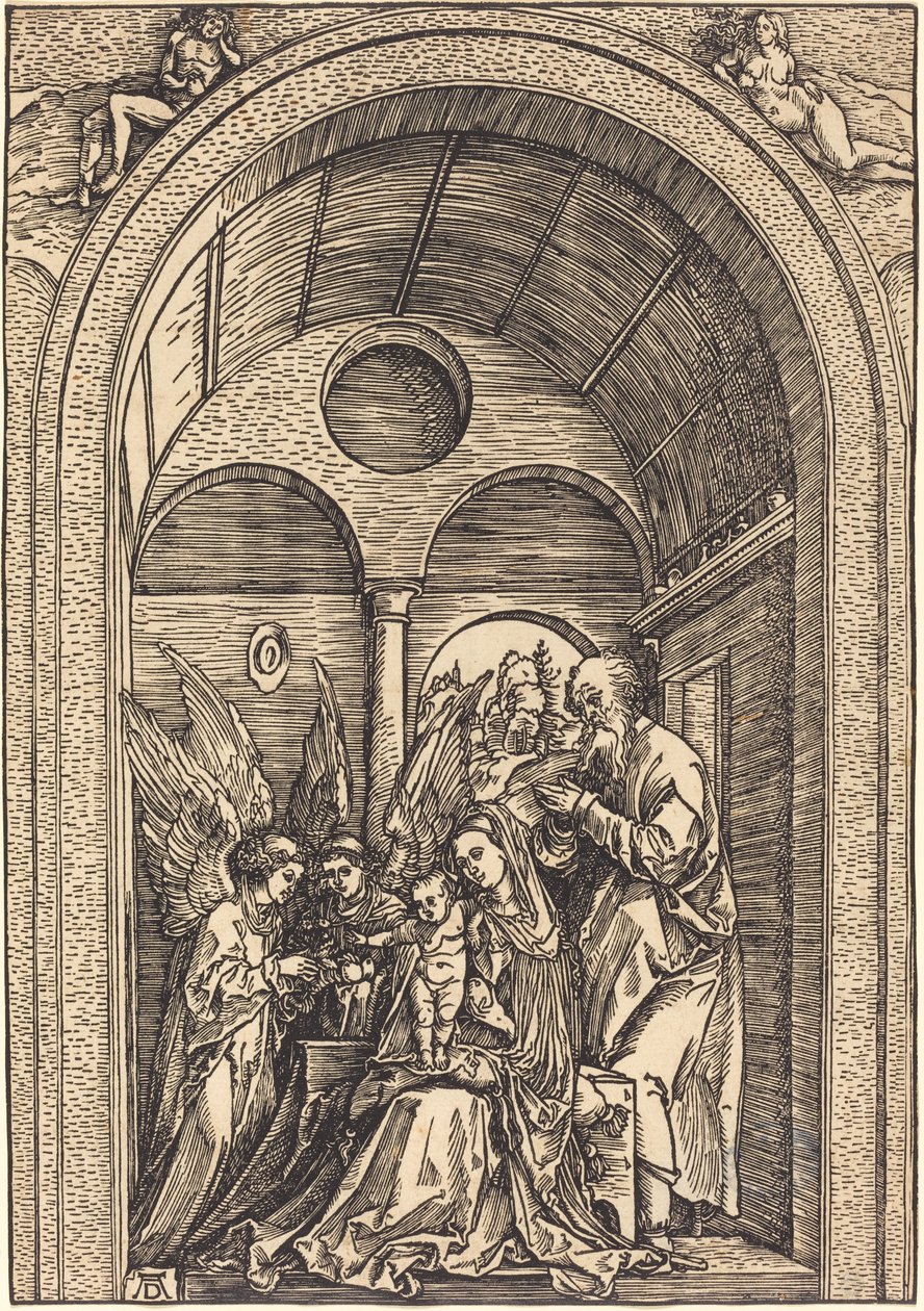 Die Heilige Familie mit zwei Engeln in einer gewölbten Halle von Albrecht Dürer