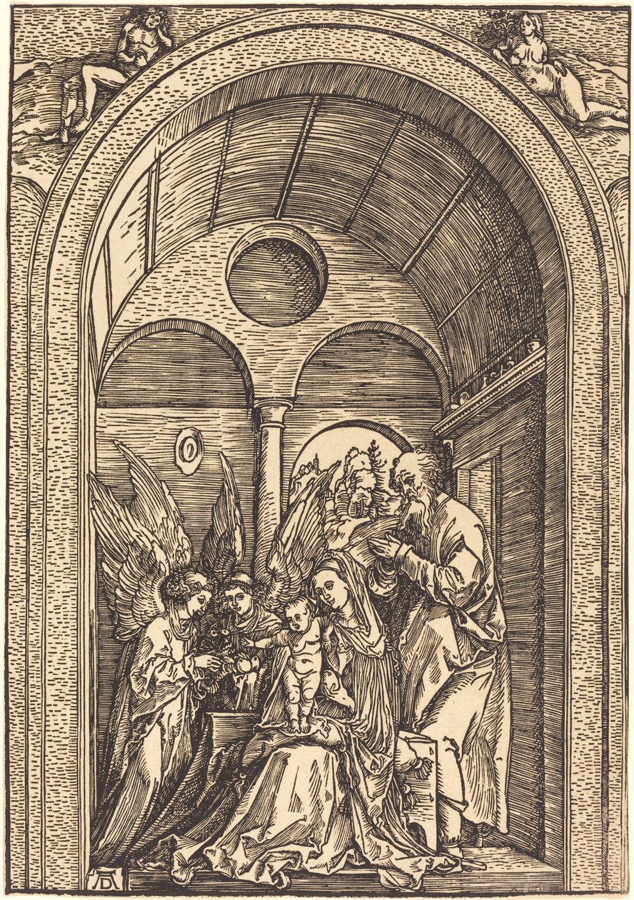 Die Heilige Familie mit zwei Engeln in einer gewölbten Halle von Albrecht Dürer