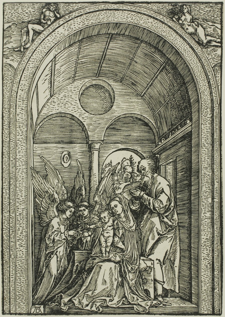 Die Heilige Familie mit zwei Engeln in einer gewölbten Halle von Albrecht Dürer