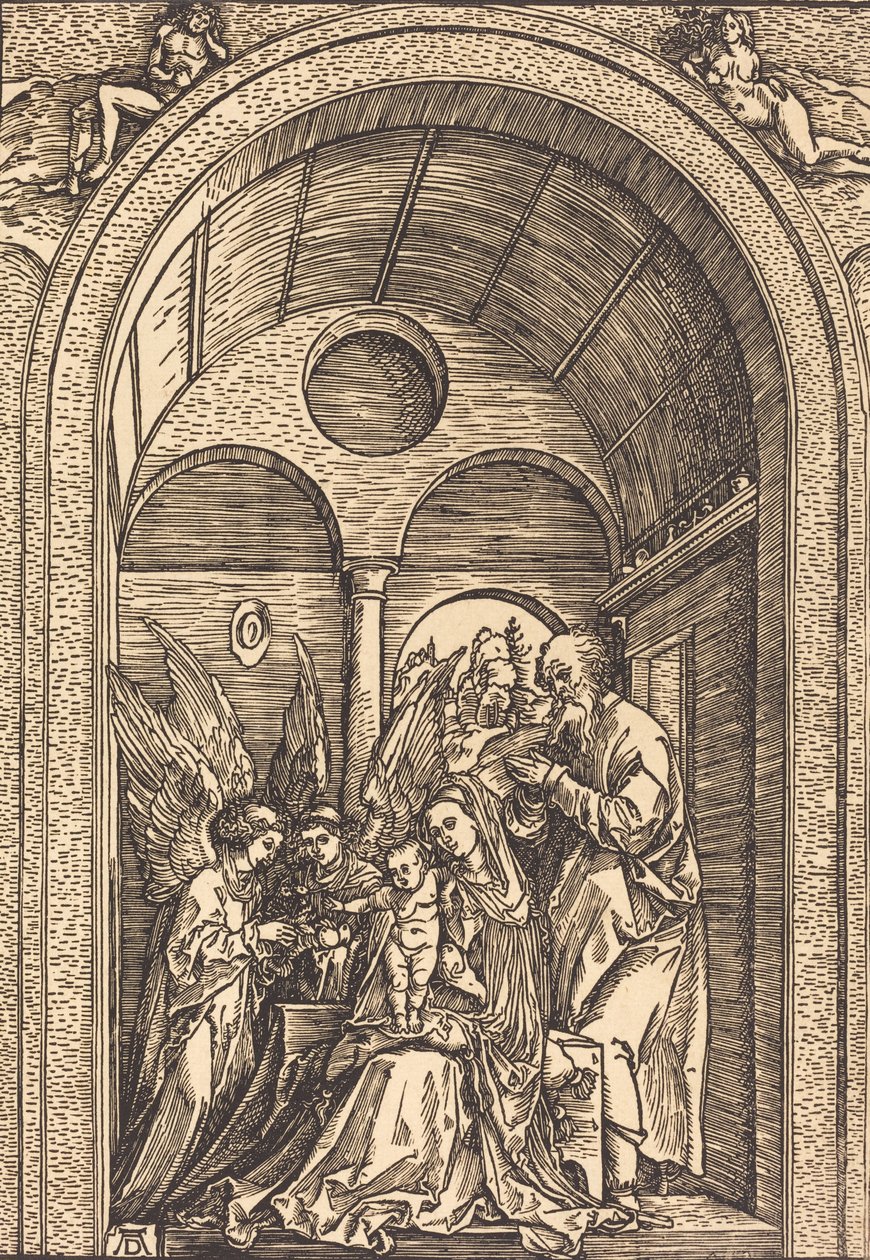 Die Heilige Familie mit zwei Engeln in einer gewölbten Halle, ca. 1504 von Albrecht Dürer