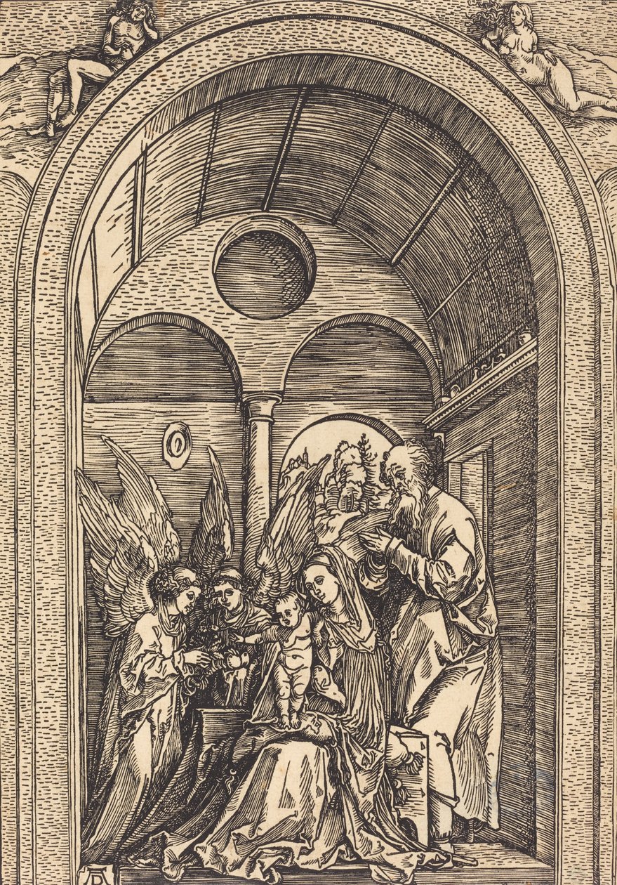 Die Heilige Familie mit zwei Engeln in einer gewölbten Halle, ca. 1504 von Albrecht Dürer