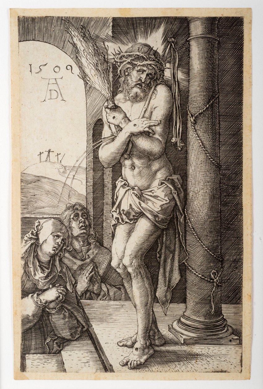 Der Schmerzensmann an der Säule mit der Jungfrau und dem heiligen Johannes, aus der Gravierten Passion von Albrecht Dürer