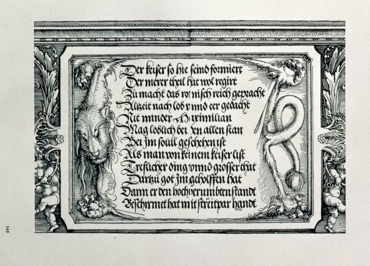 Der Triumphbogen von Kaiser Maximilian I. von Deutschland: Detail eines Löwenfells mit einer Inschrift, die die Familienverbindungen des Kaisers lobt, 1517-18 von Albrecht Dürer